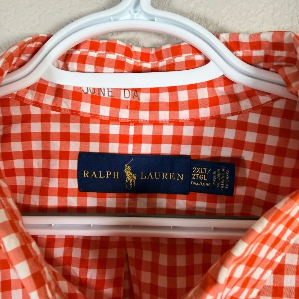 Ralph Lauren Button Down Shirt Mens 2XLT Red Orange Gingham Check Plaid Pony